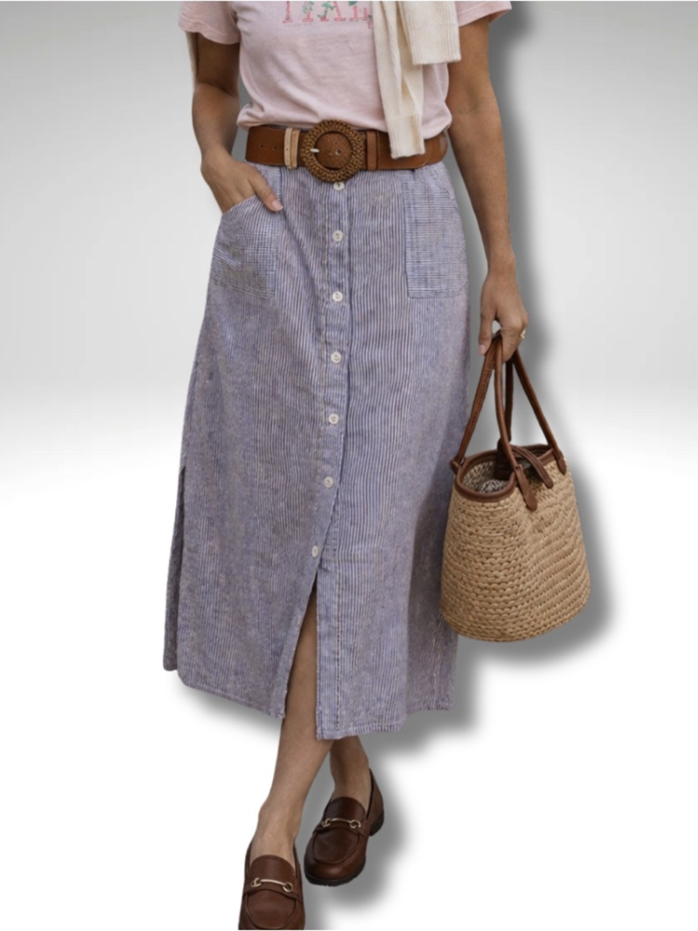 St Tropez West Linen Button Front Midi Skirt Striped Coastal S